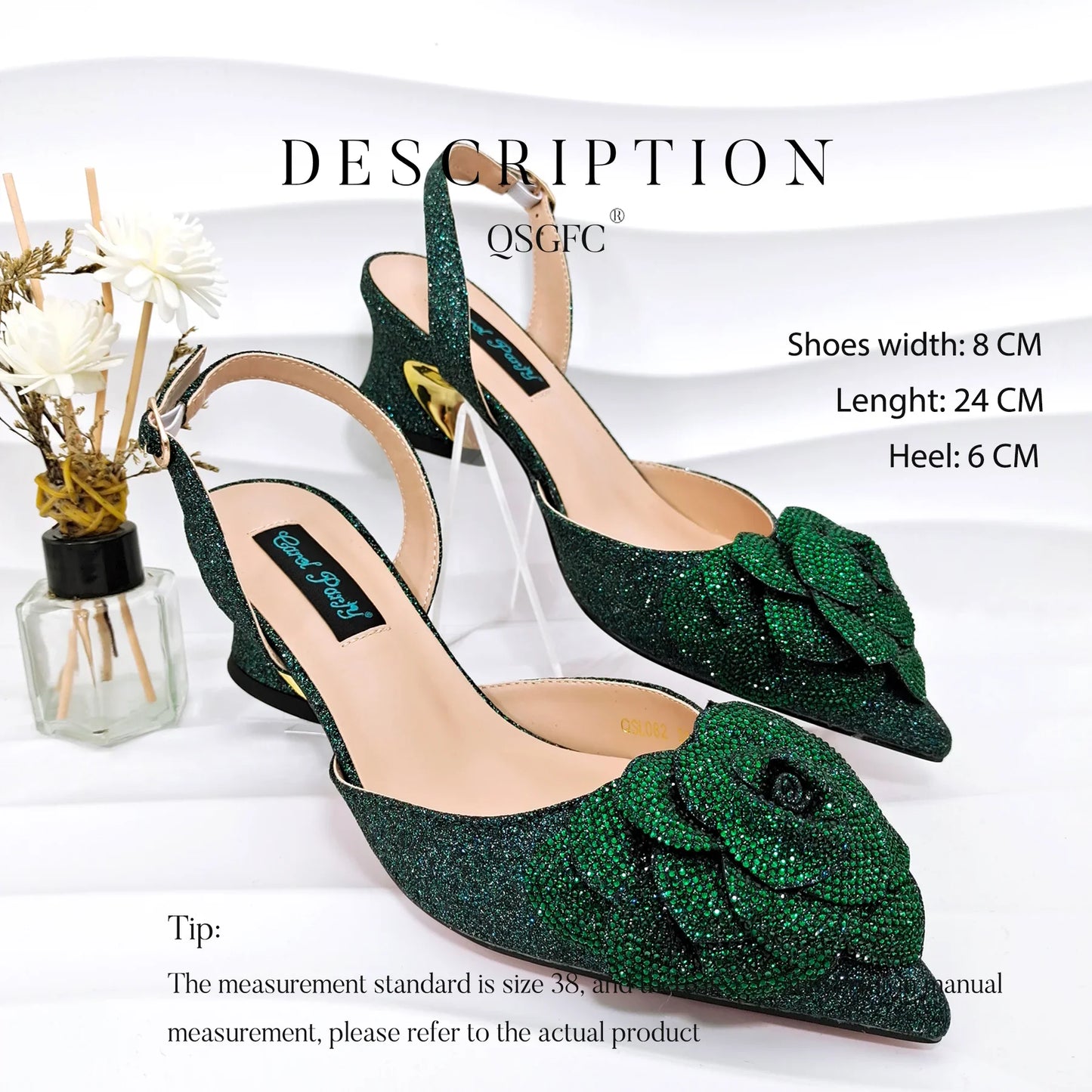 Stylish display of QSGFC women's evening pumps and floral clutch together, embodying elegance and luxury for parties and formal events.
