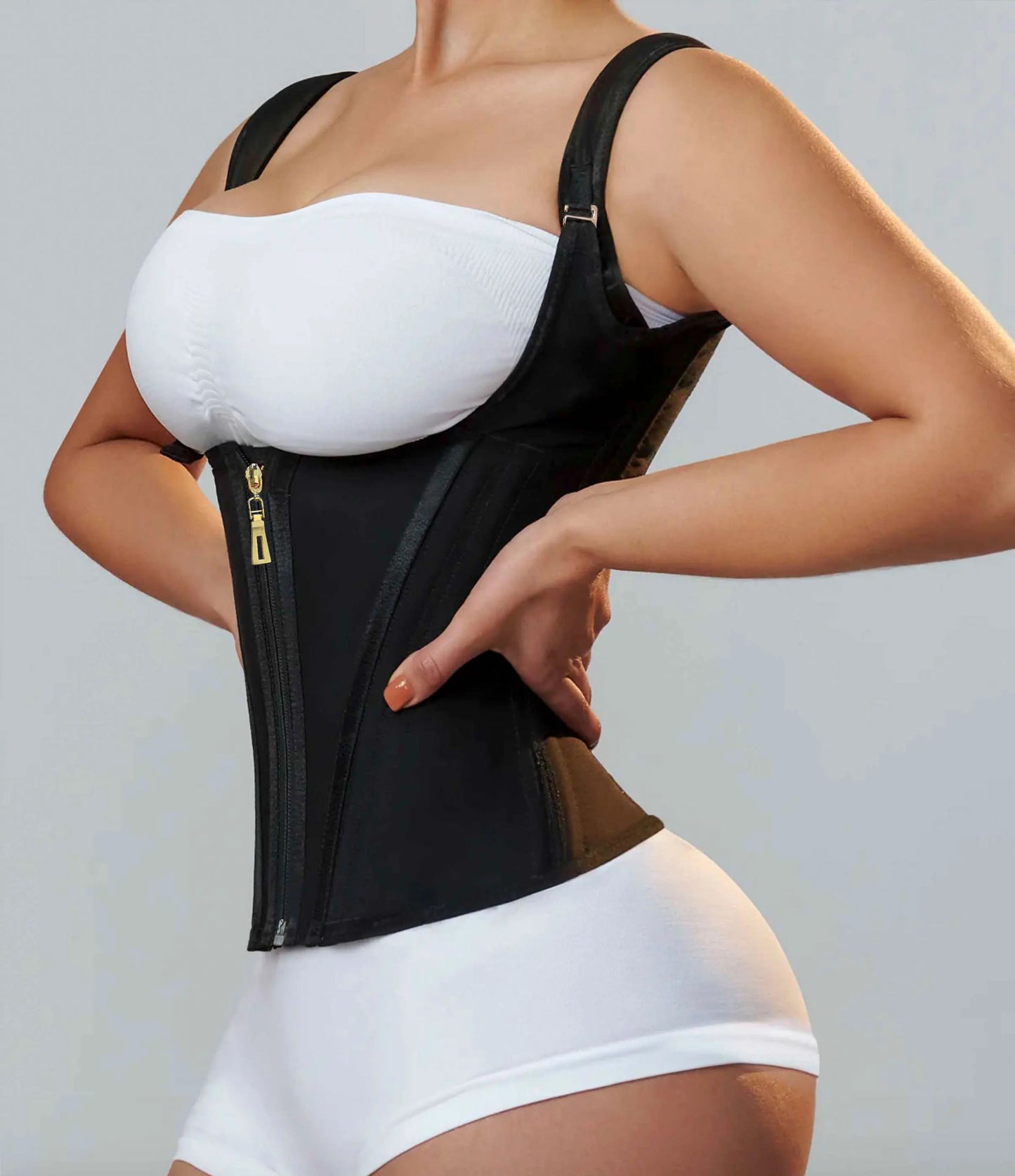 Close-up of the high-quality polyester and spandex materials used in the luxury waist cincher corset, ideal for women's shapewear.