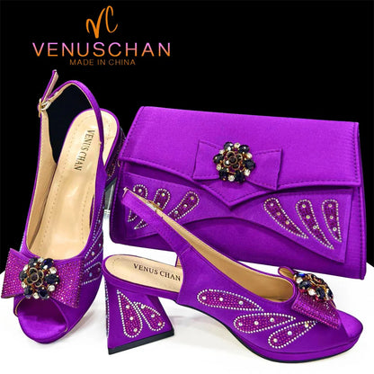 Luxurious Venus Chan purple peep toe high heels adorned with rhinestones, perfect for elegant evening wear.