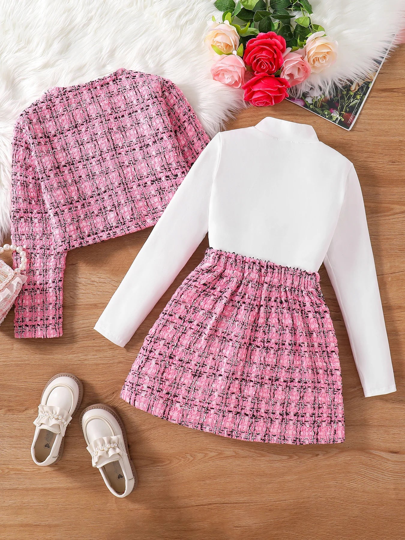 Luxury girls' fashion set featuring a pink checkered coat, perfect for ages 7-13, ideal for stylish autumn outings.