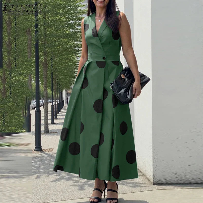 Luxurious polyester fabric of the ZANZEA Polka Dot Maxi Dress, designed with an A-line silhouette and empire waistline for a flattering fit.