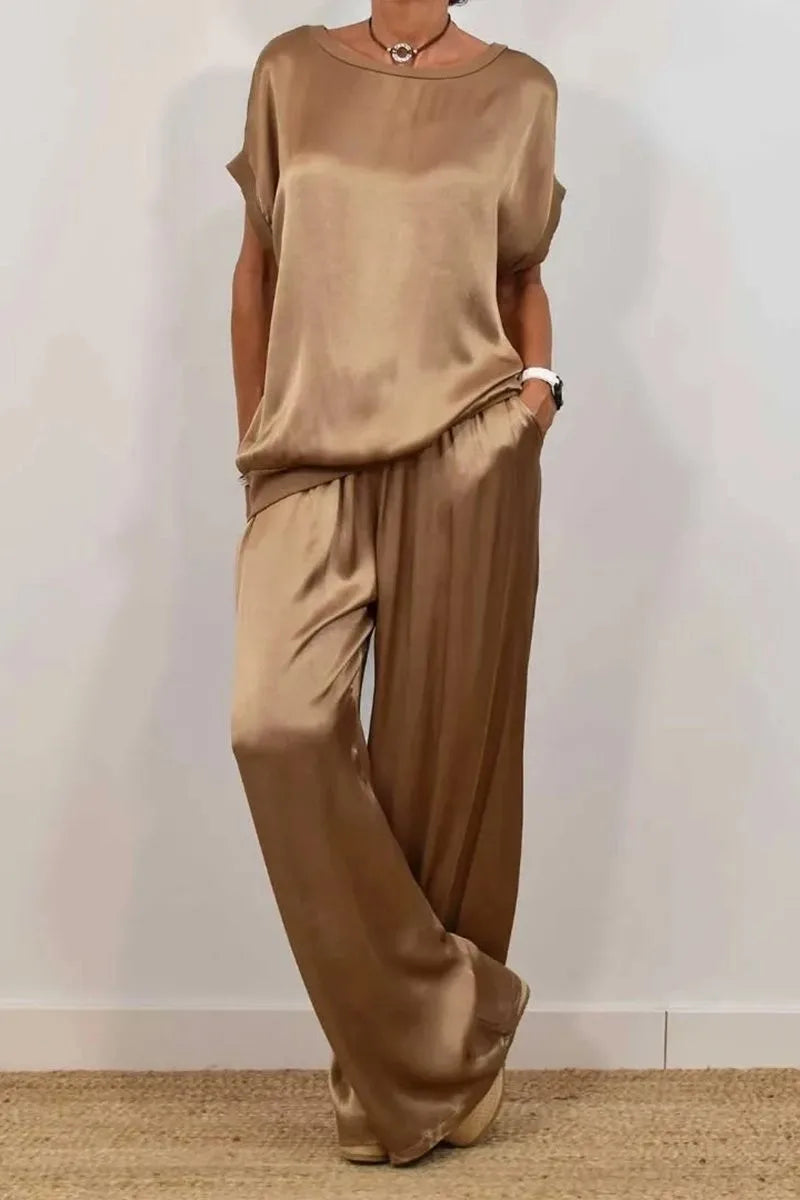 Luxury satin t-shirt and wide leg pant set for women in an elegant casual style, perfect for summer fashion.