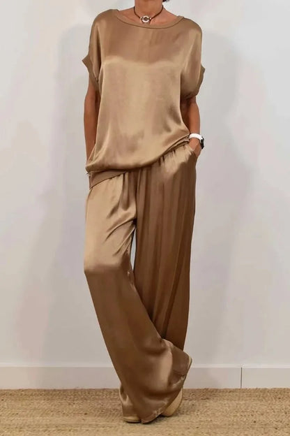 Luxury satin t-shirt and wide leg pant set for women in an elegant casual style, perfect for summer fashion.