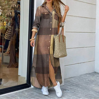 Luxurious plaid robe maxi dress with full-length sleeves, exquisite A-line silhouette, and a refined turn-down collar, perfect for summer elegance.