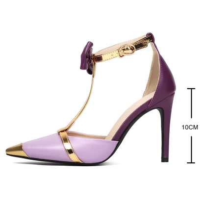Elegant luxury gold and purple stilettos featuring T-strap design, perfect for summer party dress and prom.