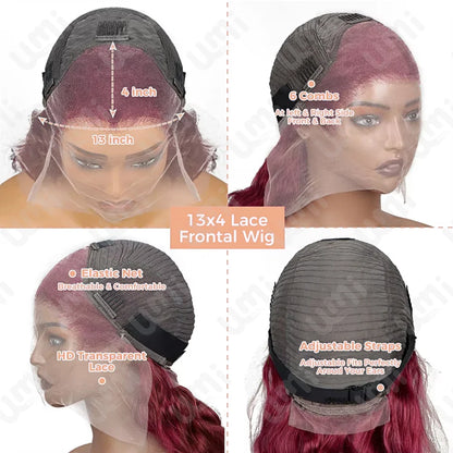 Luxury 13x4 Burgundy 99J Body Wave Short Bob Lace Frontal Human Wig - 200% Density, Pre Plucked, featuring exquisite Swiss lace for a natural look, designed for comfort and versatility.
