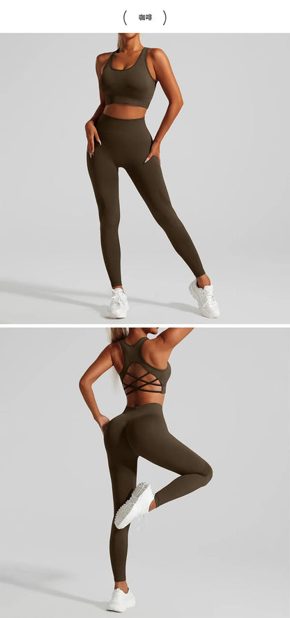 Close-up view of the high-quality craftsmanship of a luxury women's seamless yoga outfit, designed for breathability and comfort.