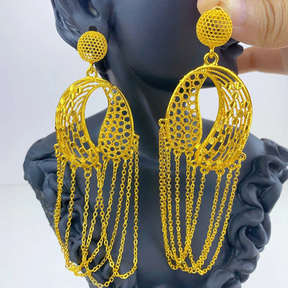 Elegant African Lady Design 24K Gold Plated Tassel Drop Earrings for Women, showcasing Bohemian style for sophisticated wedding accessories.