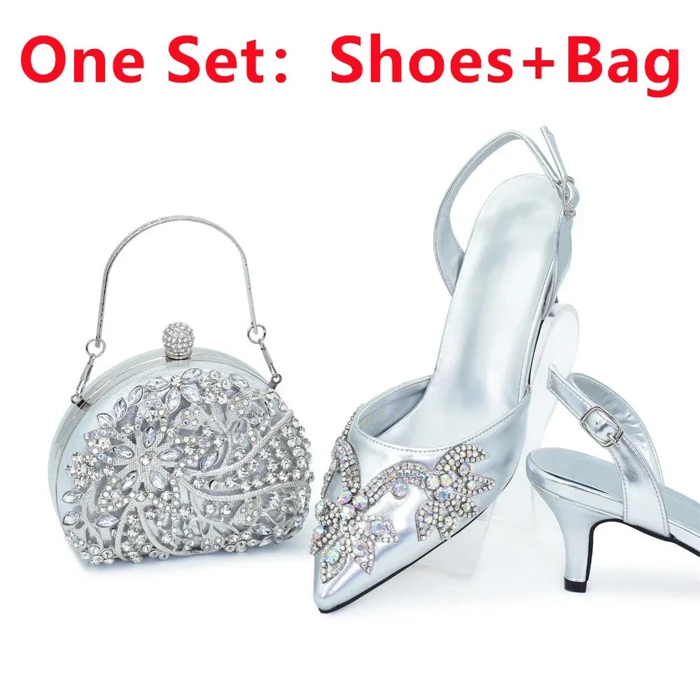 Stylish Italian slingback high heel pumps in chic silver with a sophisticated handbag, ideal for formal occasions.