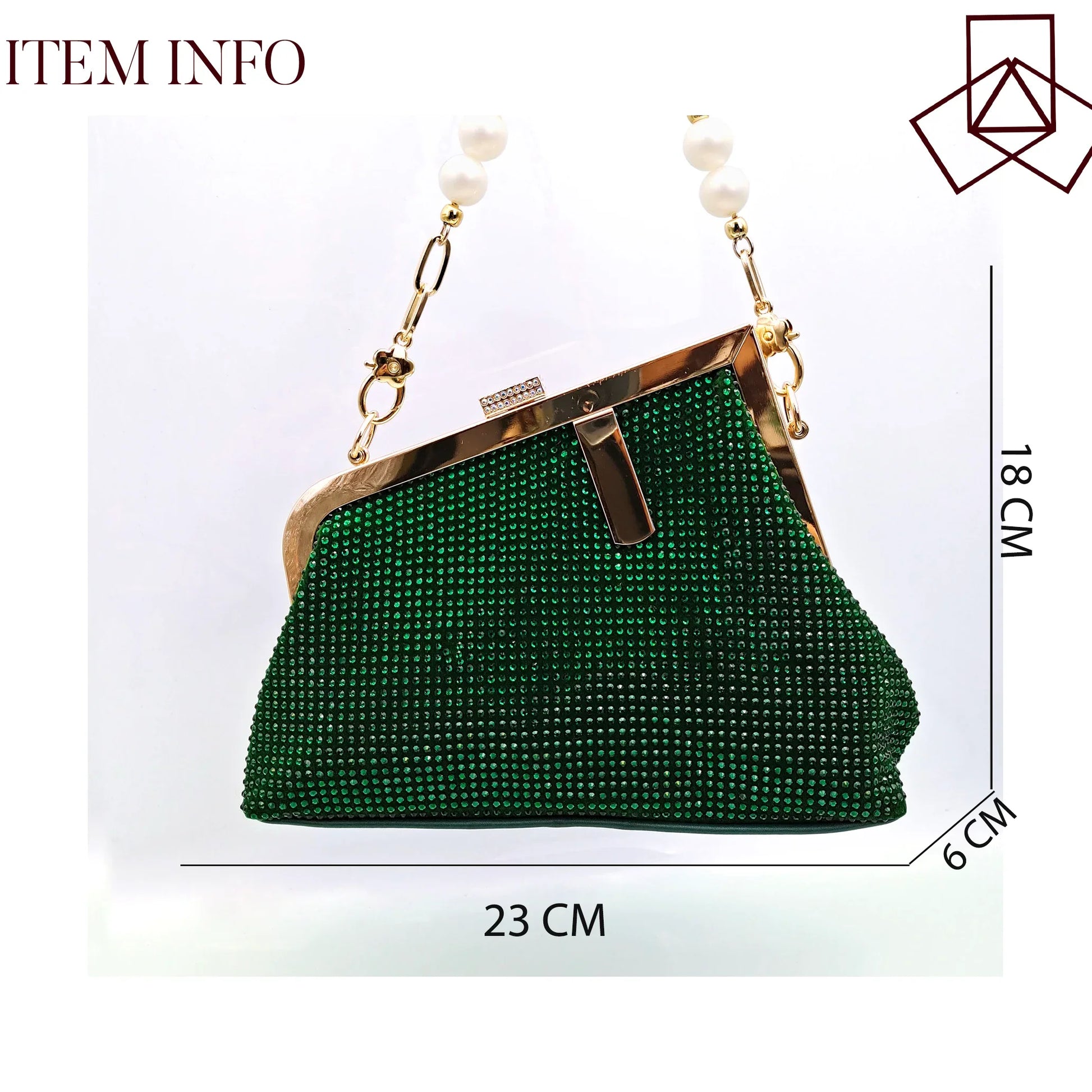 Close-up of the crystal detailing on an elegant green shoulder bag for women, highlighting luxurious style and craftsmanship.