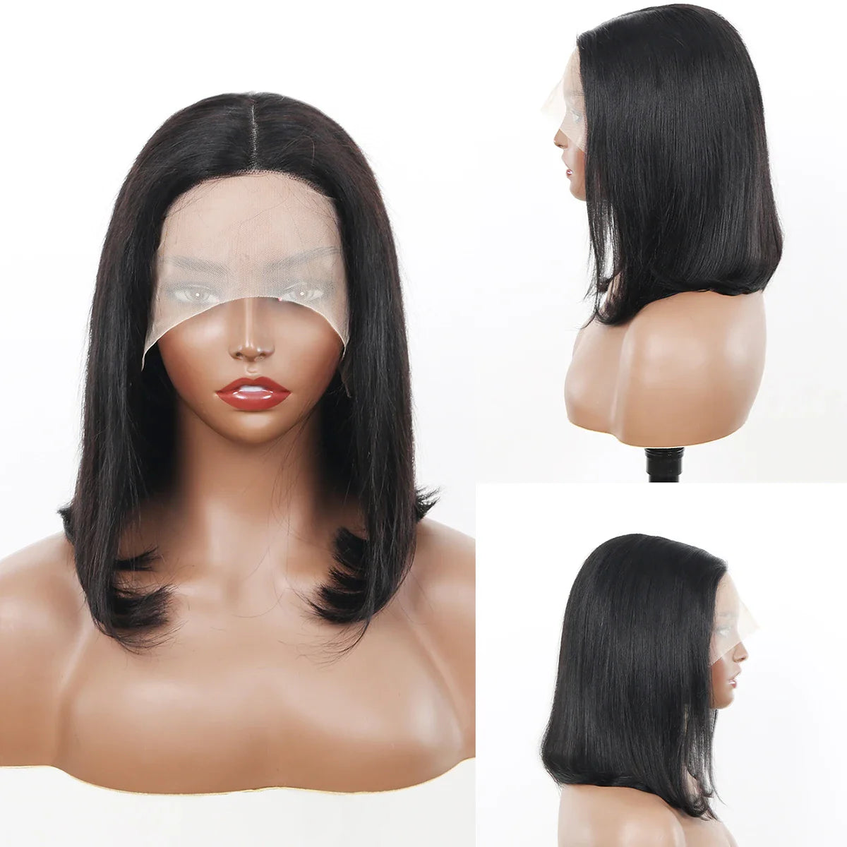 Sophisticated presentation of luxury short bob wig with 4x4 lace front, designed for comfort and elegance using premium Brazilian hair.