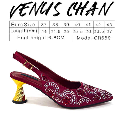 Elegant fuchsia high heels set with rhinestone toe detail, perfect for fashionable women.