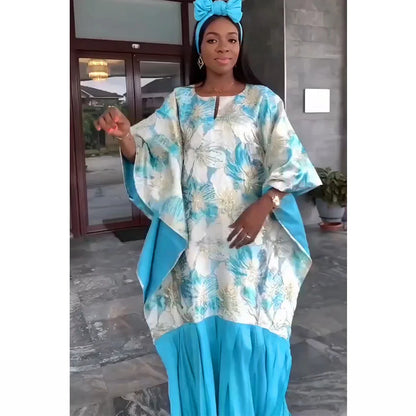 Full-length view of a luxurious African Boubou Dress with unique Bazin Riche design, showcasing classy traditional attire.