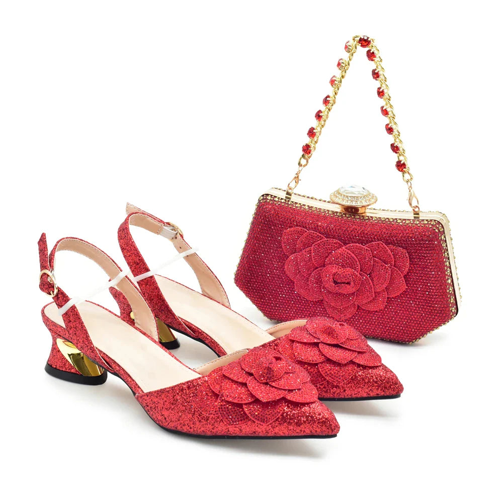 Luxury women's rhinestone embellished pumps and matching bag set, perfect for weddings and elegant parties. Available in sizes 38-43.