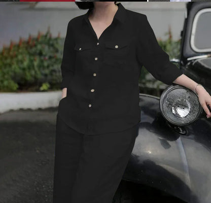 Close-up of the luxurious fabric texture of Women's Solid Colour Lapel Neck Shirt featuring regular length sleeves and a refined casual style, suitable for any season.