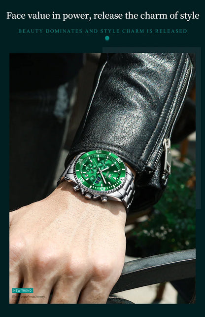 Close-up of the luxury men's watch dial, highlighting the detailed chronograph functions and moon phase indicator, framed by a polished stainless steel case.
