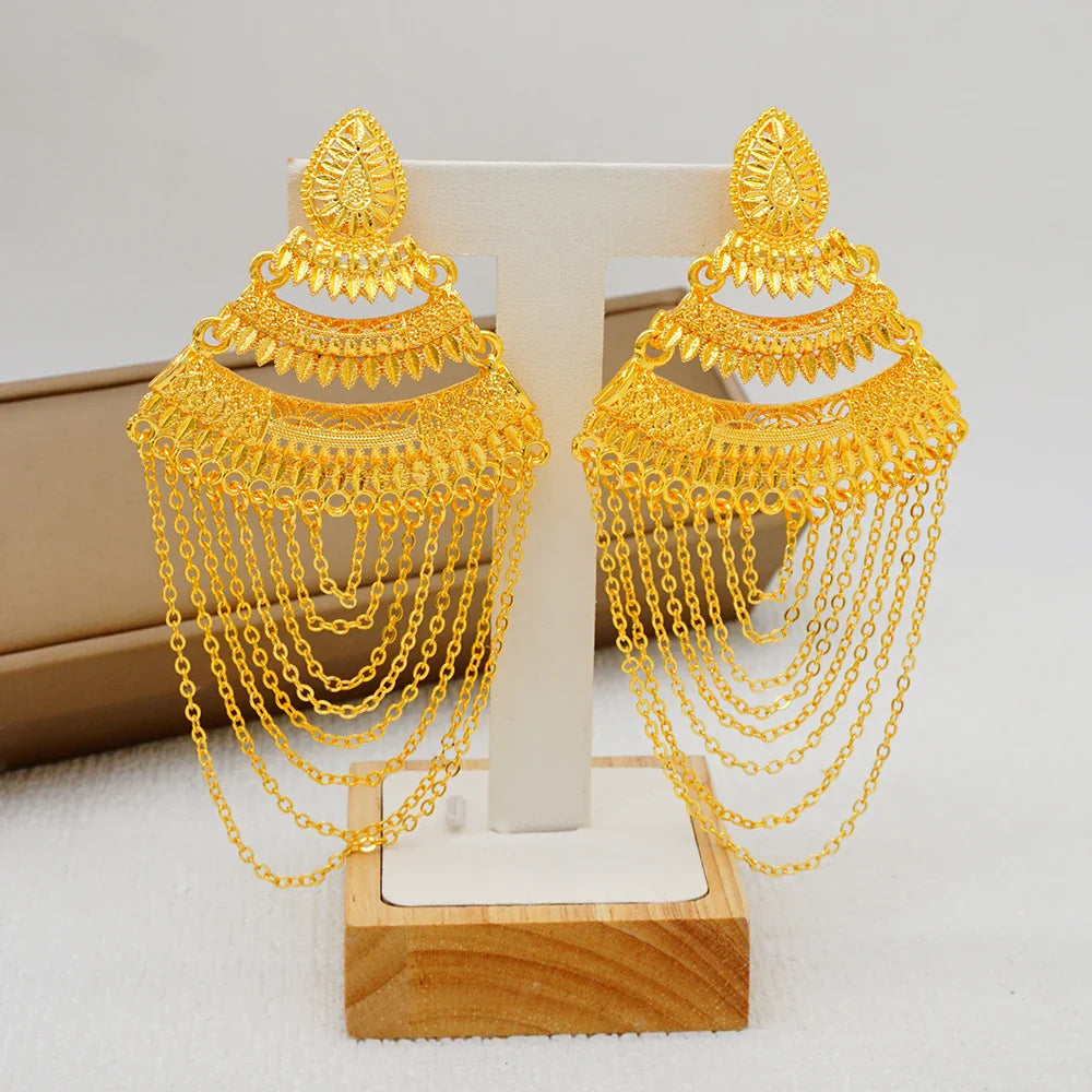 Stunning copper long tassel earrings, designed in a geometric pattern, showcasing a trendy aesthetic ideal for women's formal events and celebrations.