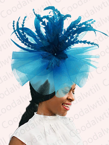 Elegant Kentucky Derby big fascinator hat for women, featuring delicate feathers, perfect for formal occasions and royal parties.