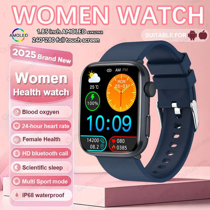 Sleek and stylish NFC smartwatch for women, highlighting its fine steel band and sophisticated design for modern health tracking.