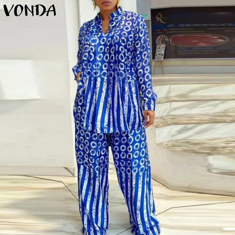 Luxurious plus size VONDA women's matching set featuring a sophisticated long sleeve polka dot shirt and elegant elastic pants, designed for casual chic style.