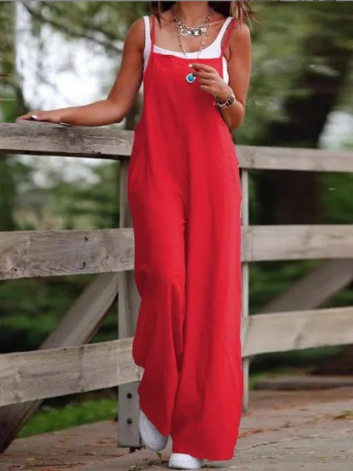 Sophisticated Women's Cotton Linen Jumpsuit, featuring a loose wide leg fit and practical pockets, ideal for versatile dressing.