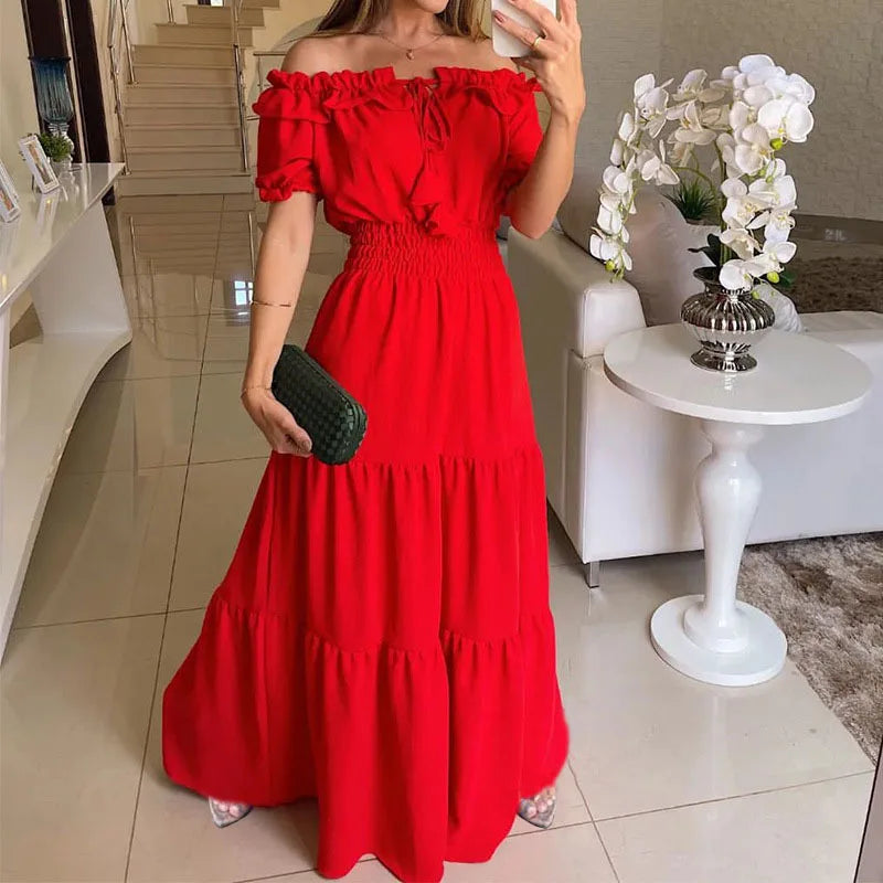 Bohemian Red Dress for Women with Elegant Short Sleeves and Ankle-Length Design, ideal for Casual Holiday Wear and Beach Outings.