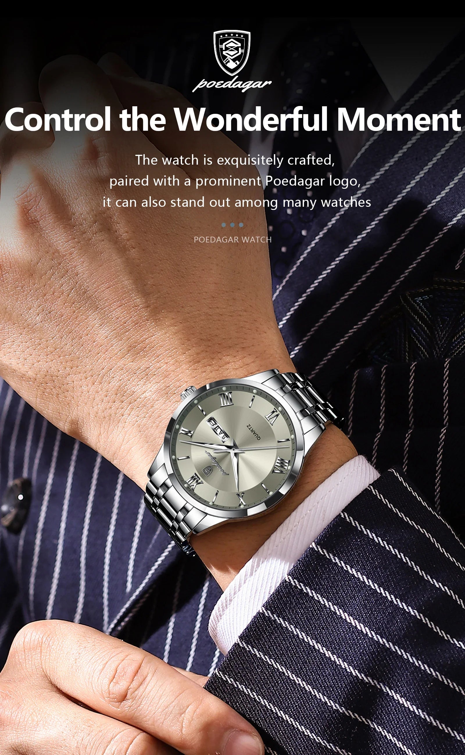 Elegant luxury men's quartz wristwatch with a round stainless steel case and Hardlex dial window, perfect for fashionable casual wear.