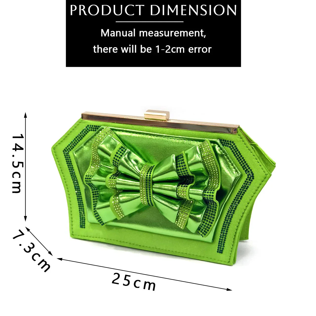 Stylish green handbag with a metal handle, designed to complement Venus Chan open toe pumps, ideal for formal occasions.