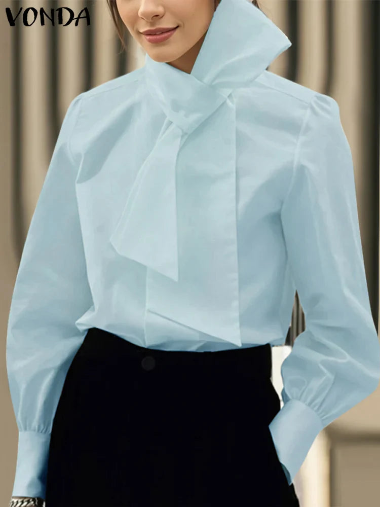 Elegant Plus Size 5XL VONDA Blouse featuring a stylish bow collar, crafted from premium polyester for a refined look suitable for all seasons.