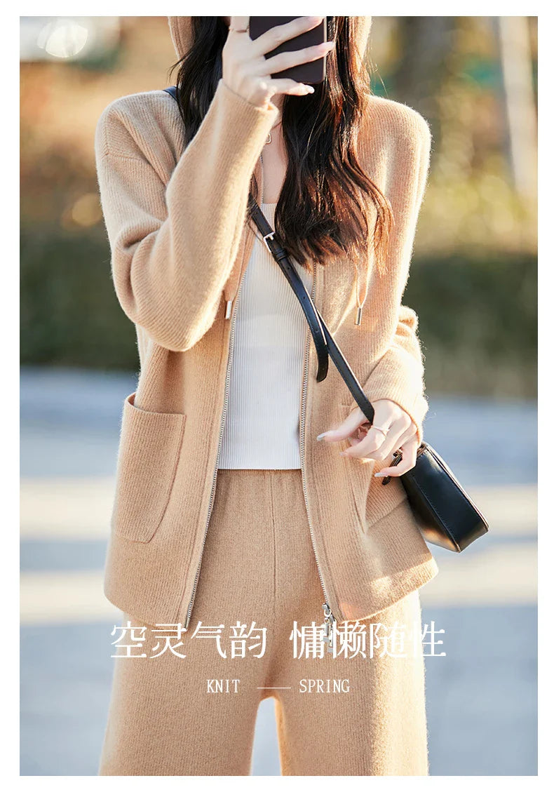 Vibrant display of the Merino wool women's cardigan and pants suit, highlighting its exceptional craftsmanship and contemporary styling.