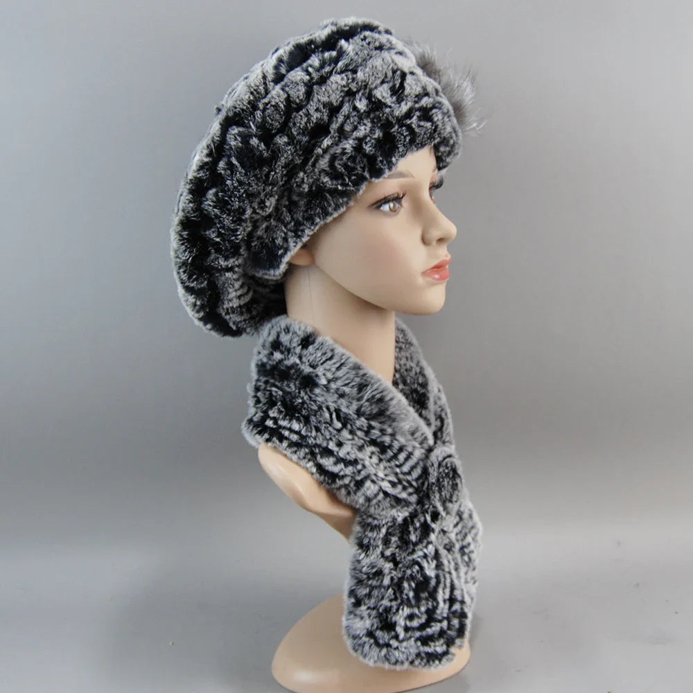 Elegant luxurious women's winter faux fur hat and scarf set, featuring a classic knit design with rex rabbit and fox fur.