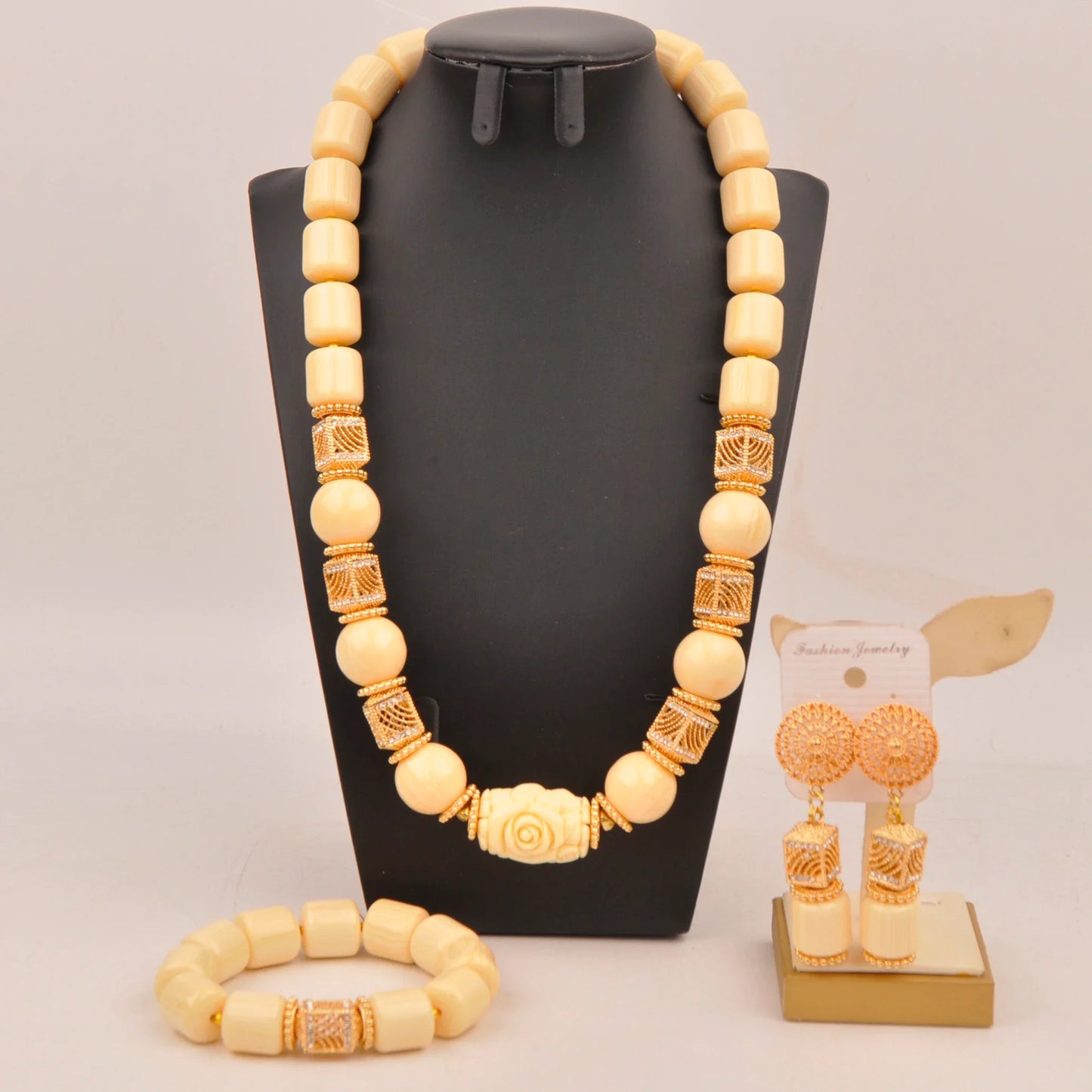 Close-up of the elegant Nigerian bridal necklace adorned with artificial coral beads, highlighting intricate craftsmanship and a romantic design suitable for weddings.