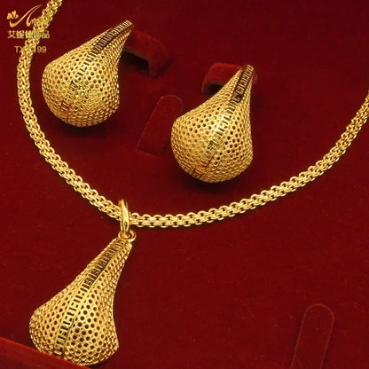 Close-up view of the luxurious rhinestone accents on the 24K gold-plated copper necklace and earrings set, highlighting exceptional craftsmanship.