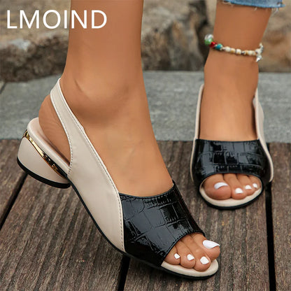 LMOIND Women's Chunky Mid Heel Sandals featuring a stylish open toe design and elegant platform, perfect for luxury casual occasions.