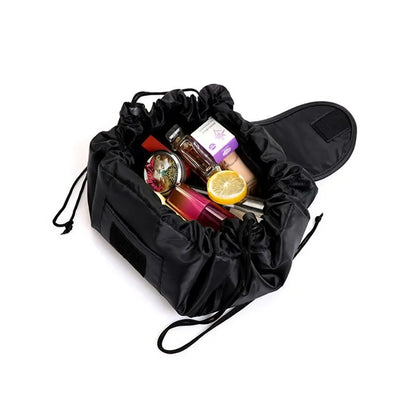Luxury 50X62CM Women's Portable Travel Makeup Storage Bag displayed with makeup products, highlighting its large capacity and functional design.
