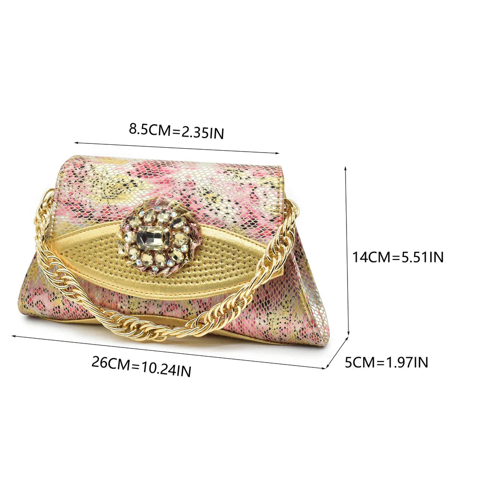 Luxury handbag matching the Italian women's shoe set, showcasing exquisite rhinestone detailing and crafted in high-quality PU material.
