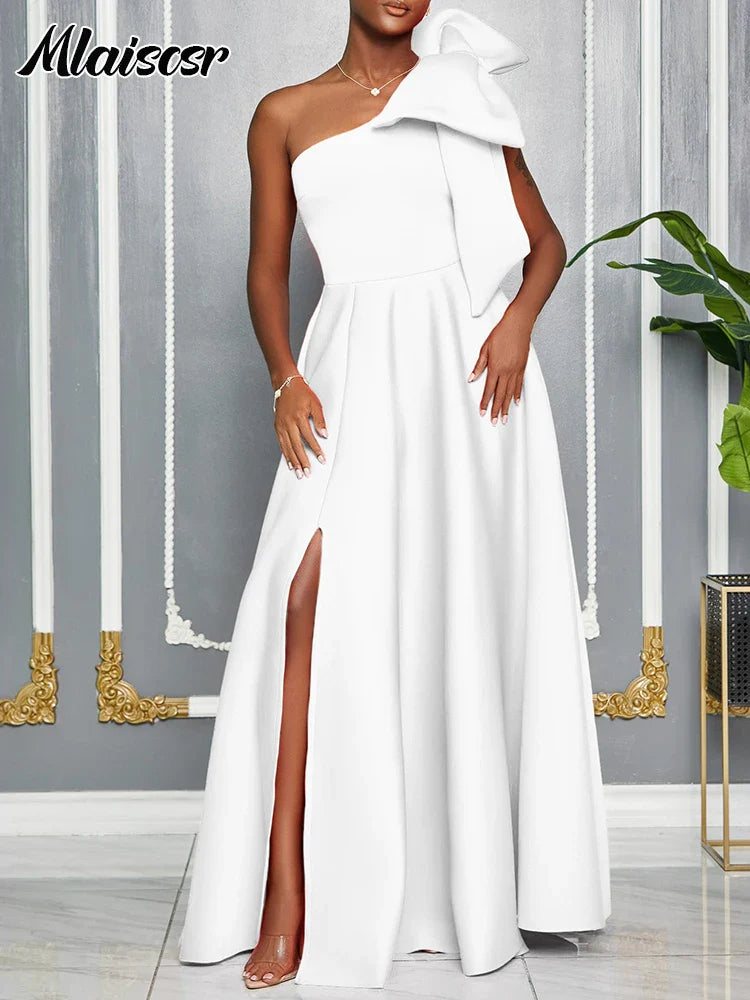 Full view of the glamorous Mlaiscsr One-Shoulder A-Line dress with flowing skirt and exquisite bow decoration, an essential addition to any luxury formal wardrobe.