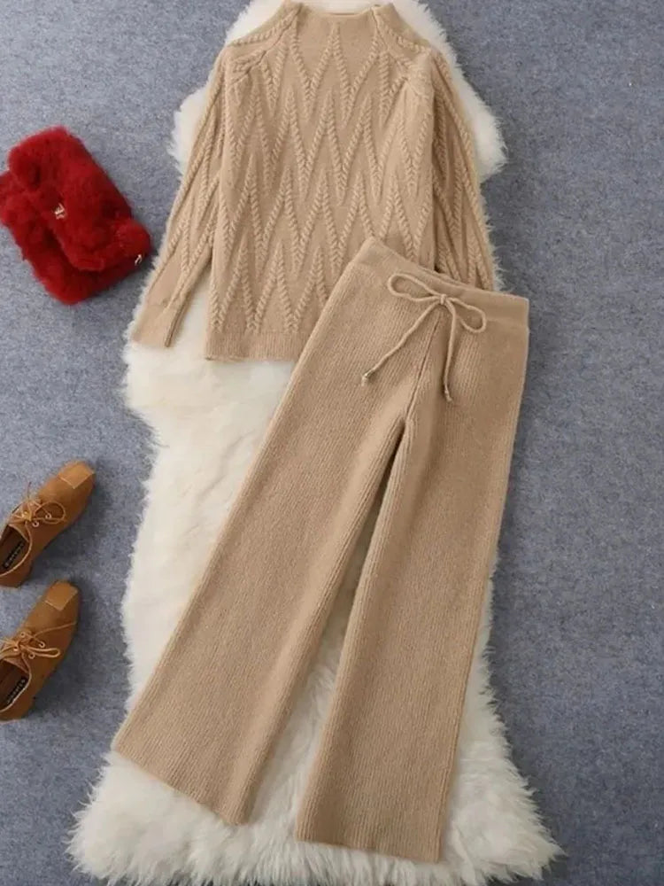Elegant loose fit women's winter knitwear set that includes a comfortable sweater and sophisticated wide leg pants, perfect for a luxurious lifestyle.