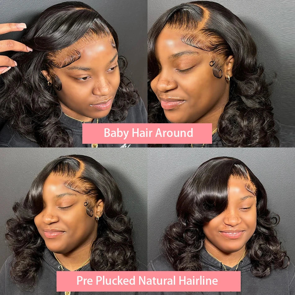 Luxury 13x4 short body wave lace frontal bob wig made from 200% density Brazilian Remy human hair with transparent lace, showcasing elegance and style.