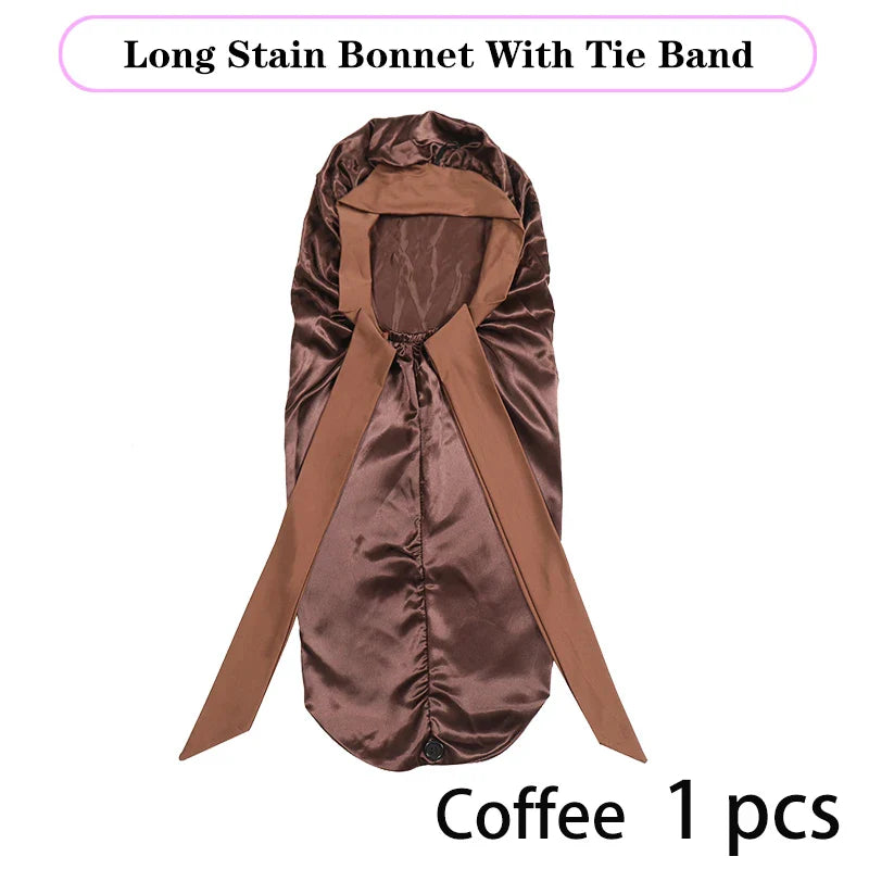 Premium silky satin sleep cap featuring a unique tie for a snug fit, expertly crafted for the ultimate luxury in hair care.