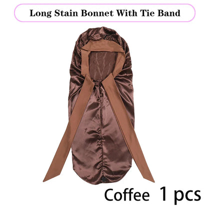 Premium silky satin sleep cap featuring a unique tie for a snug fit, expertly crafted for the ultimate luxury in hair care.