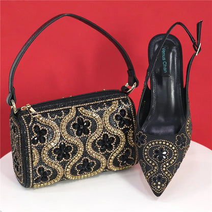 Chic fuchsia handbag with metal handle and long chain strap, perfect match for a stylish women's shoe set