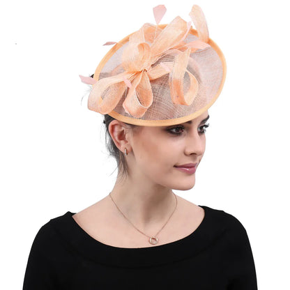 Elegant women's sinamay chuch hat, featuring delicate floral accents, perfect for weddings and formal events.