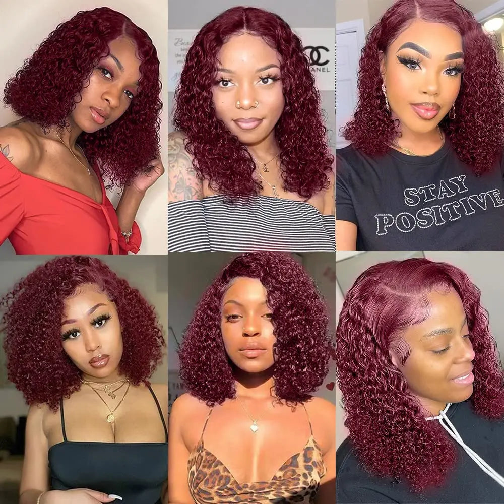 Elegant presentation of the short deep wave bob lace front wig in Burgundy, designed for women seeking a sophisticated and chic hairstyle.