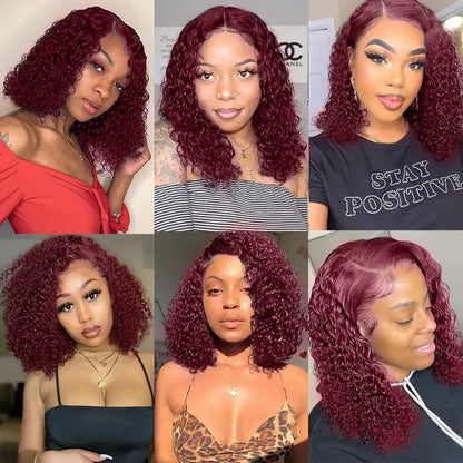 Elegant presentation of the short deep wave bob lace front wig in Burgundy, designed for women seeking a sophisticated and chic hairstyle.