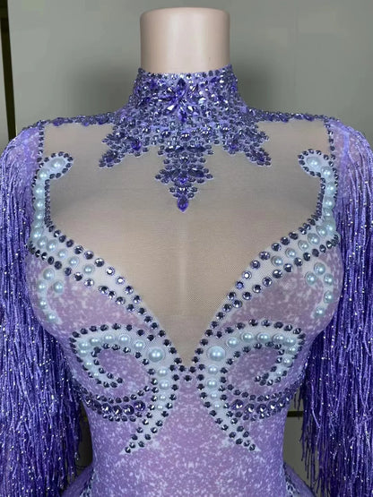 Full view of the stylish women's cha-cha dance practice suit showcasing the flattering silhouette and graceful fringe detailing, perfect for dance enthusiasts.