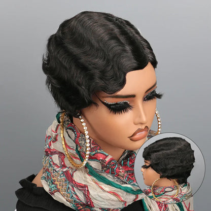 Close-up of the luxurious brown curls of a human hair pixie wig, highlighting the Remy Brazilian hair texture and sophistication.