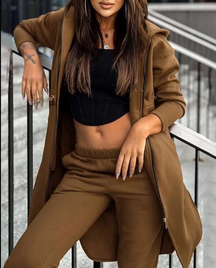 Luxury women's hooded long coat with zipper in regular fit, showcasing elegant office style for the modern woman.