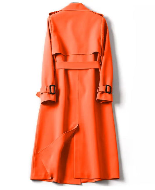 Elegant luxury women's long sleeve double breasted trench coat in a sophisticated design with pockets, perfect for office and streetwear.