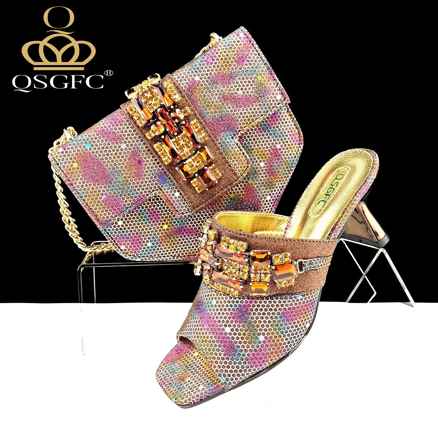 High heel pumps by QSGFC in gold with a unique square toe, designed for comfort and sophistication.